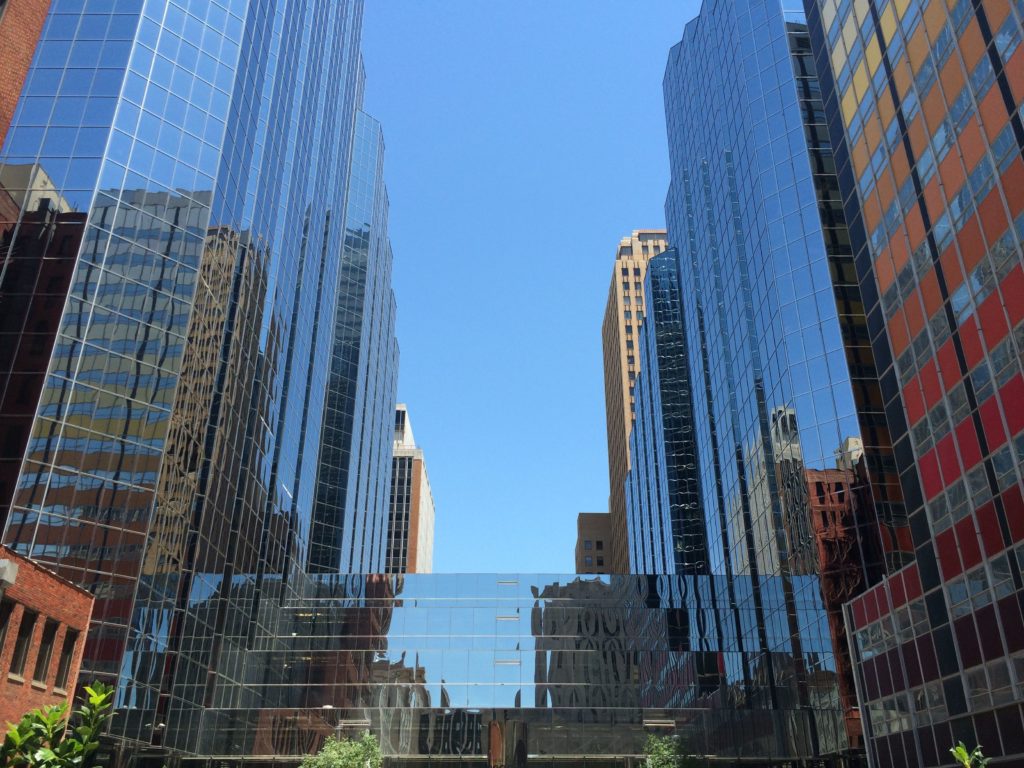 Canyon of shiny buildings