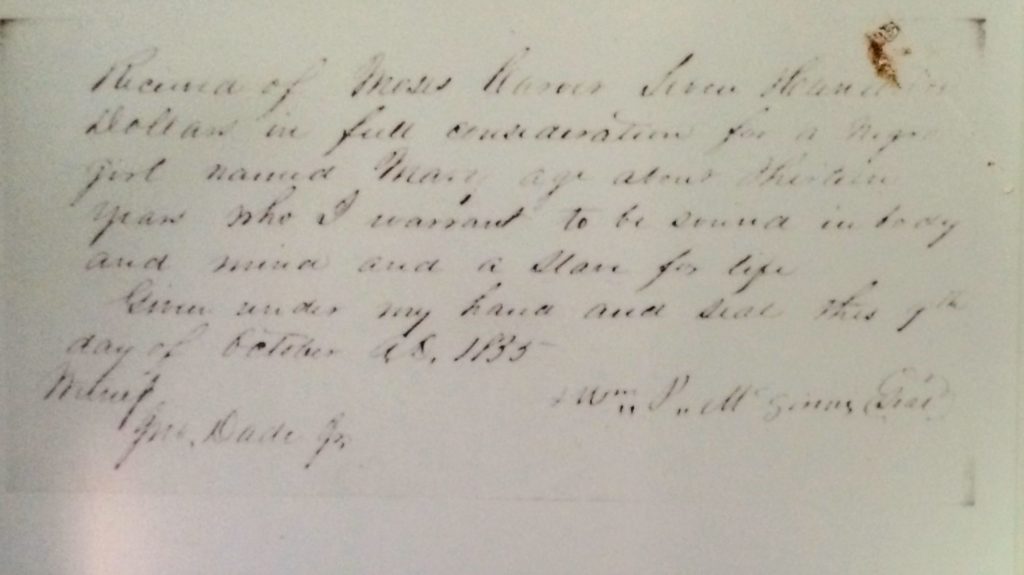 Bill of sale for George's mother Mary age 13